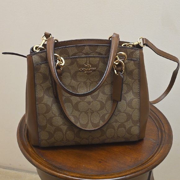Coach Handbags - Coach Tan and Brown Shoulder Bag with Gold Accents